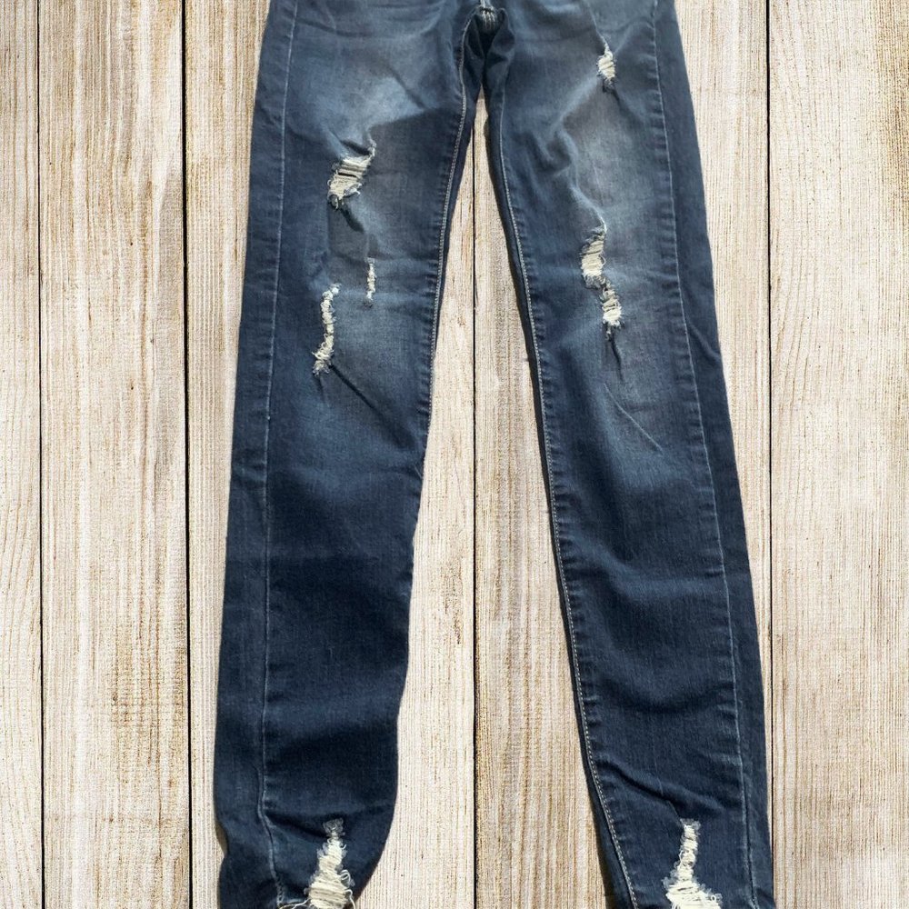 Kancan Women's Blue Denim Button Fly Distressed Jeans